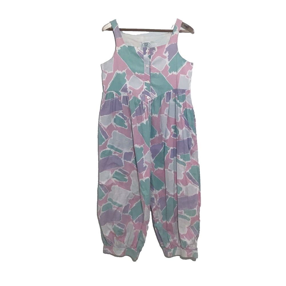 Vintage 80s Jumpsuit Laura Ashley Size Large Pink Abstract Cotton Harem Legs